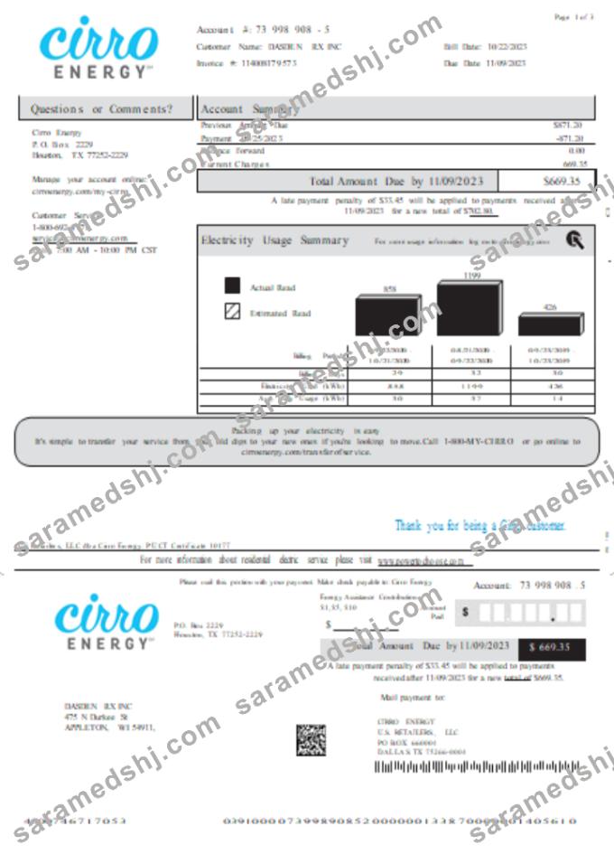 Texas Cirro Energy utility business bill, page 1 SCR